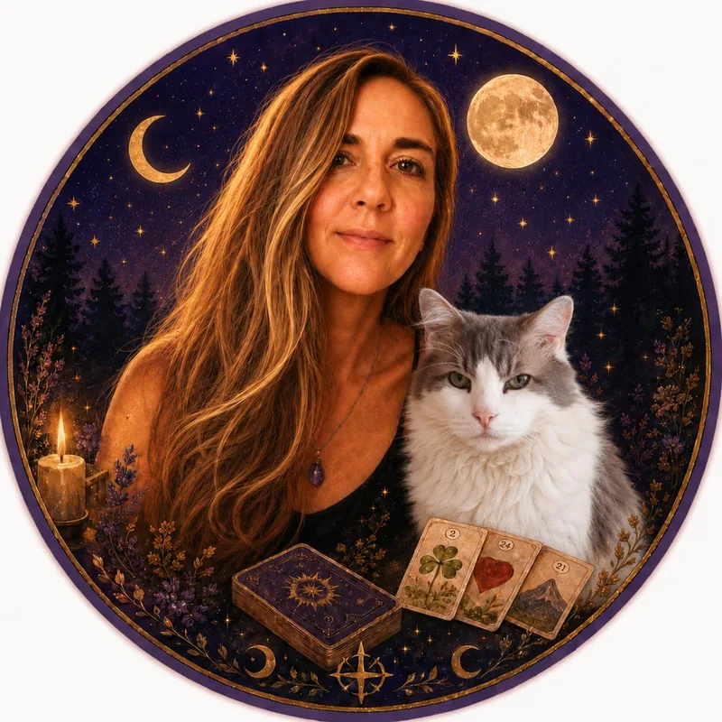 Portrait de Virginie dans un médaillon étoilé, avec son chat, une bougie et ses cartes